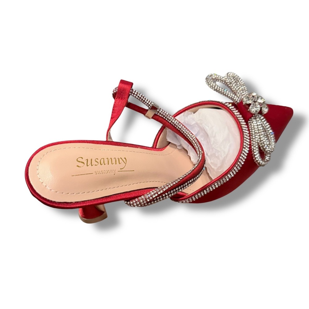 Susanny Red Stiletto Heel Sandals Women's Sz 7.5 Pointed Toe Bow Rhinestone - Picture 12 of 16